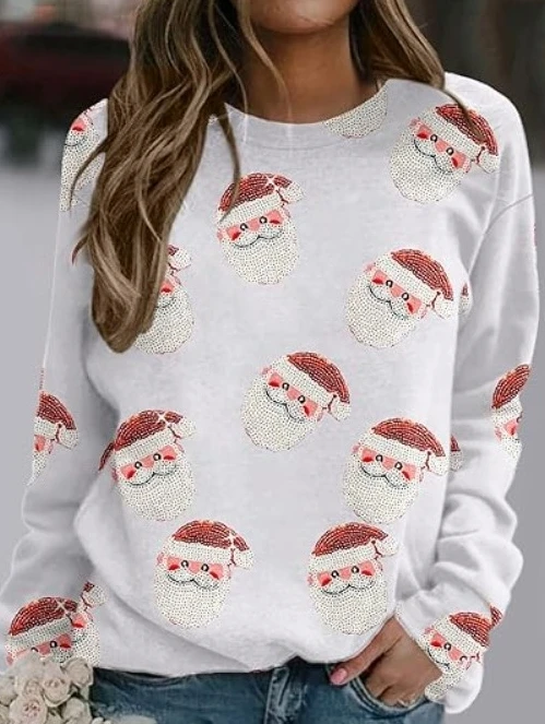 Women's Christmas Sweatshirt 2025 Autumn Winter Latest Santa Claus Print Casual Round Neck Long Sleeved Sweatshirt Pullover Top