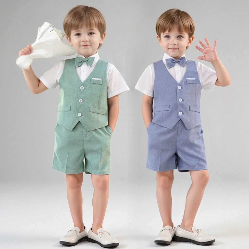 

Детский комплект жилета, летние пиджаки с короткими рукавами, наряд в британском стиле, свадебный костюм для мальчика с цветочным узором, школьный детский костюм для выступлений