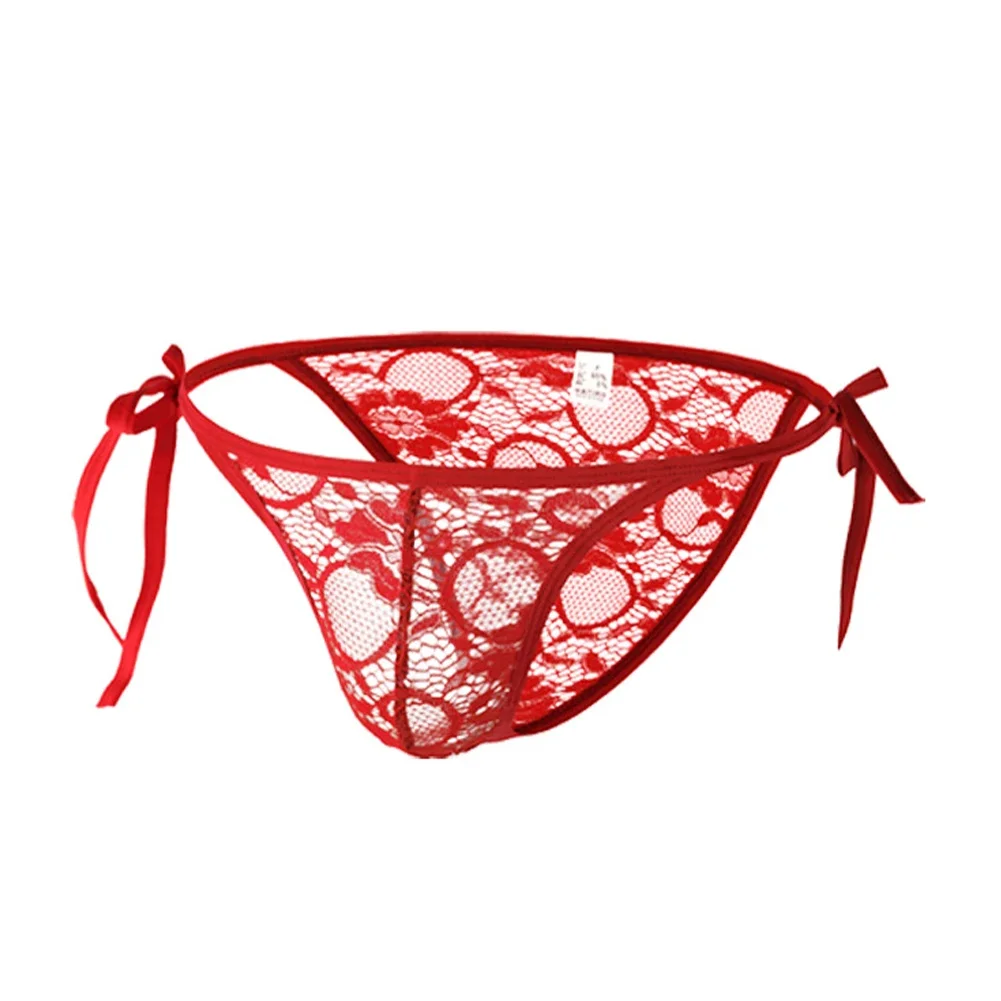 

Mens Sheer Low Waist G-Strings Lace Up Breathable Briefs Underwear U Convex Pouch Underpants Sleep Bottoms