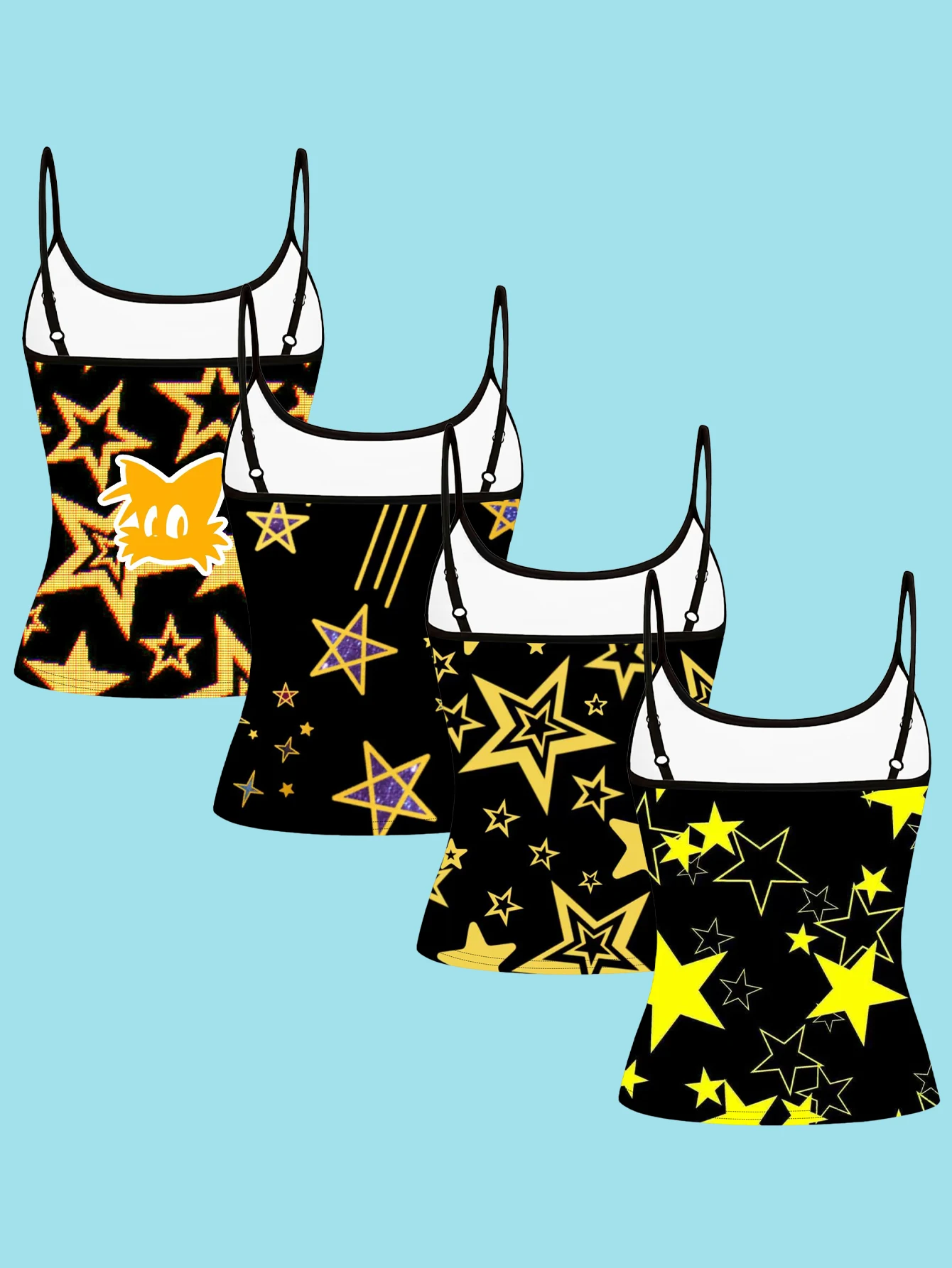 4-Piece Set of Y2K Millennium Style Yellow and Black Star Cartoon Print Camisoles, Black Base with Contrasting Star Cute Cartoon Avatar Design, Women's Slim-Fit Spaghetti Strap Sleeveless Tops for Outerwear or Layering