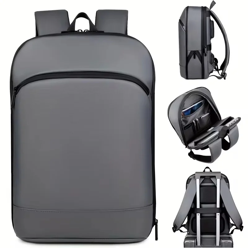 Durable minimalist backpack for men, designed for commuters with integrated luggage strap