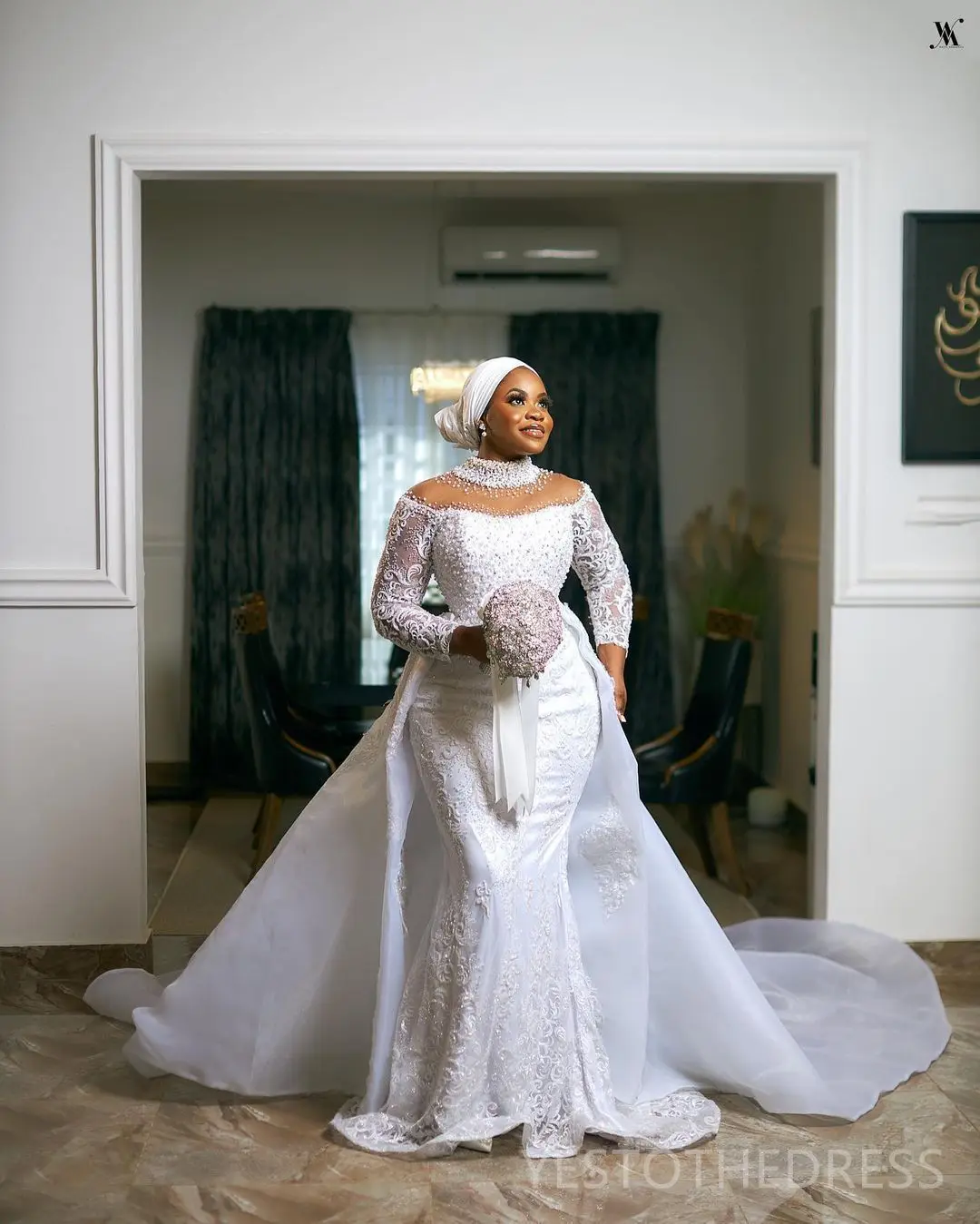 EVLAST ที่กำหนดเองแอฟริกันชุดแต่งงานนางเงือกคอสูงแขนยาวลูกปัดลูกไม้แอพพลิเคชันชุดเจ้าสาวเดรส เดอ โนเวีย E3W31