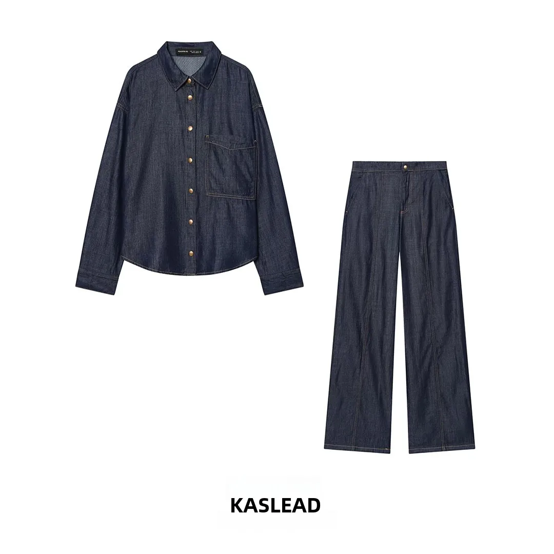 Faionable Loose Denim irt And Pants Set for Women Spring Season Long Sve Classic Collar Two-Piece Outfit Casual Wear