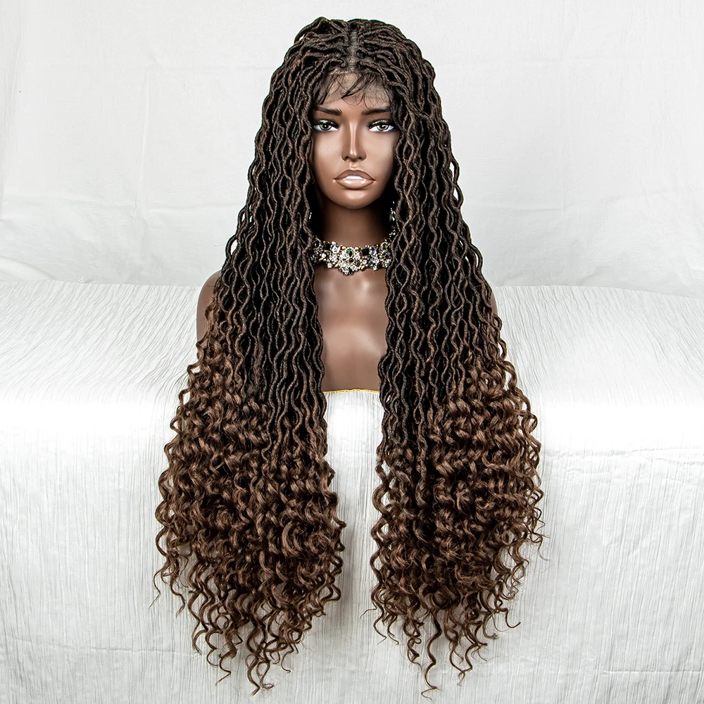 Lace Front Synthetic Faux Locs Wig Curly Ends 9x6 Lace Curly Faux Locs Wig 32 Inch Knotless Long Curly Afro Box Braided Wig