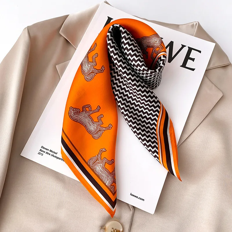 Luxury Brand Orange Horse Print Square Scarf for Women Breathable Warm Polyester Silk-Like Feel Shawl Fashion Hairbands