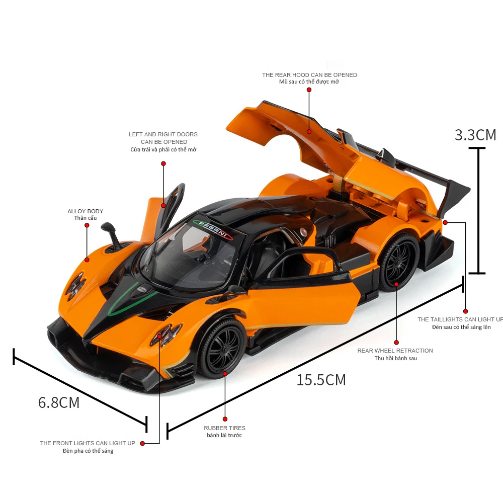 1:32 pagani zonda r supercar liga modelo de carro som e luz puxar para trás brinquedo das crianças colecionáveis presente aniversário