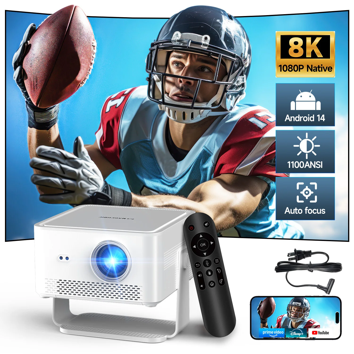 Projecteur portable d'extérieur Magcubic HY450MAX 1100 ANSI 1080P avec autofocus, prise en charge 8K, Android 14, WiFi6, mini projecteur Beam