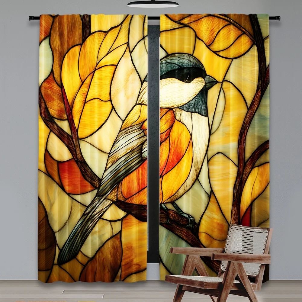 2pcs 2D flat printing Window Curtains Chickadee Stained Glass Polyester Without Electricity All Season Party & Holiday Decor
