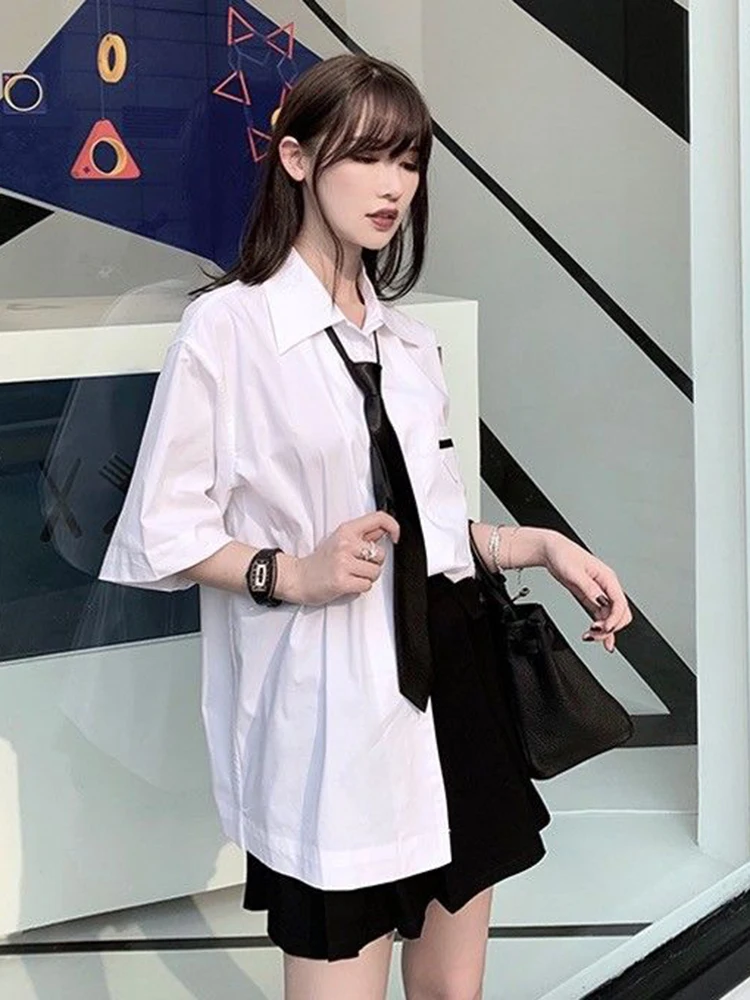 JMPRS White Preppy Style Women Shirts Fashion Tie JK Loose Student Short Sleeve Designed Button Up Tops Summer Casual Blouse