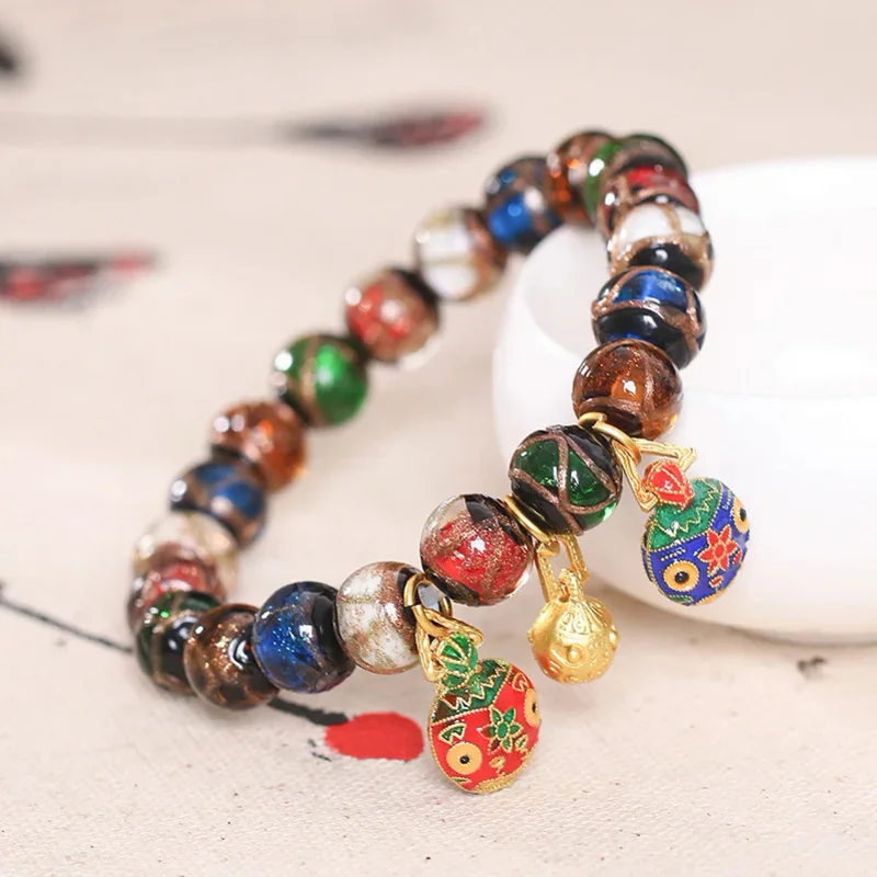 Forbidden City Fragrant Colorful Multi-Treasure Glaze Bracelet Gold SwallowingMen's and Women's HandString