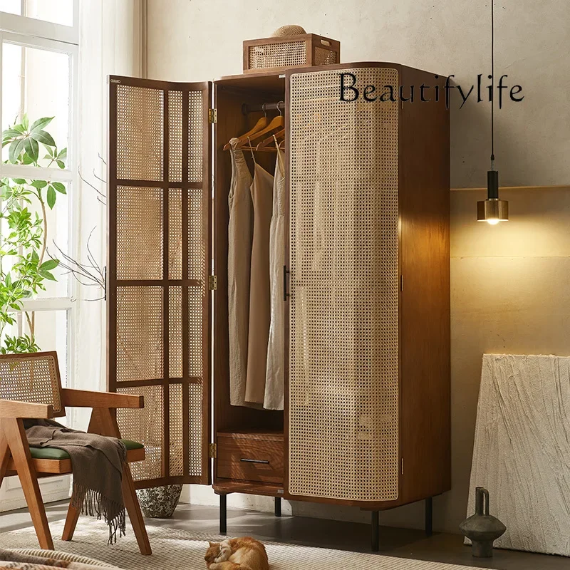 

u Nordic solid wood rattan wardrobe swing door Japanese-style homestay bedroom large wardrobe complete storage cabinet