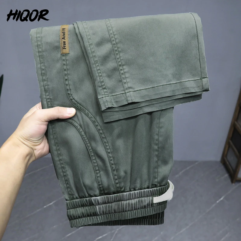 Marca HIQOR, ropa para hombre, Pantalones rectos de seda helada para hombre, novedad de verano en pantalones casuales finos, pantalones de chándal elásticos transpirables para hombre