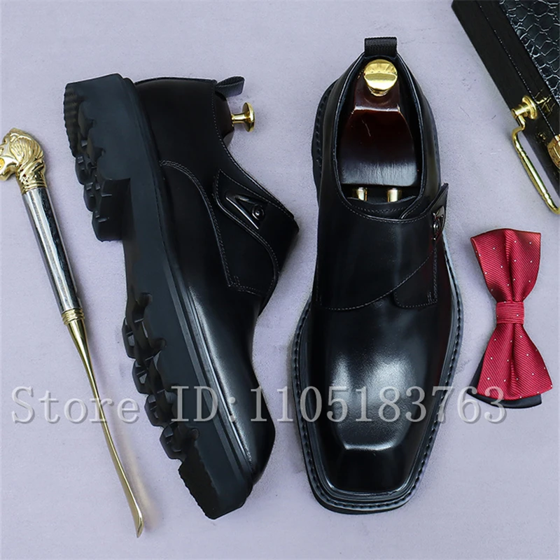Cowhide Thick Soled Men Business Shoes Square Toe Metal Buckle Genuine Leather Height Increasing Wedding Party Dress Shoes