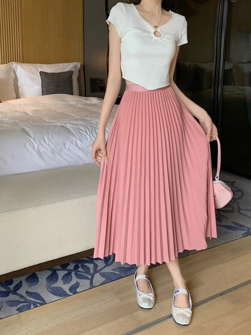 Summer Midi Long Pleated Skirt for Women Korean Style Elastic Waist A-line Skirts Student Female