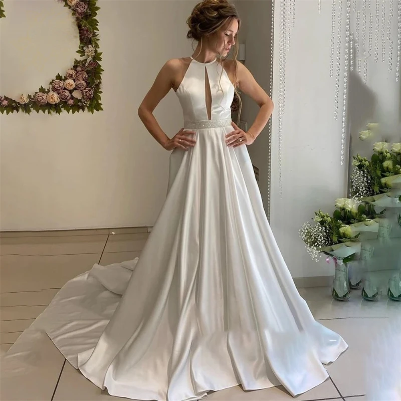 Robe De mariée en Satin, col licou, ligne a, sans manches, Sexy, dos nu, Simple, blanche, style Boho, grande taille, 2022