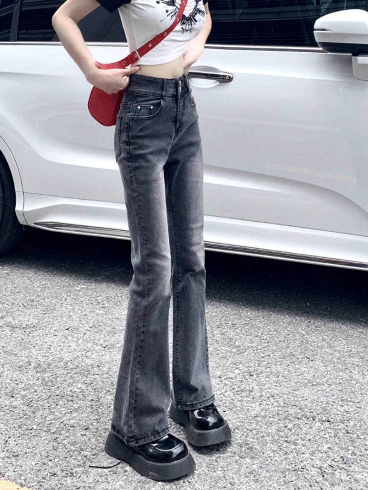 150 Petite girl high street retro bootcut jeans high waist straight slim fit xs tall nine points spring and summer style