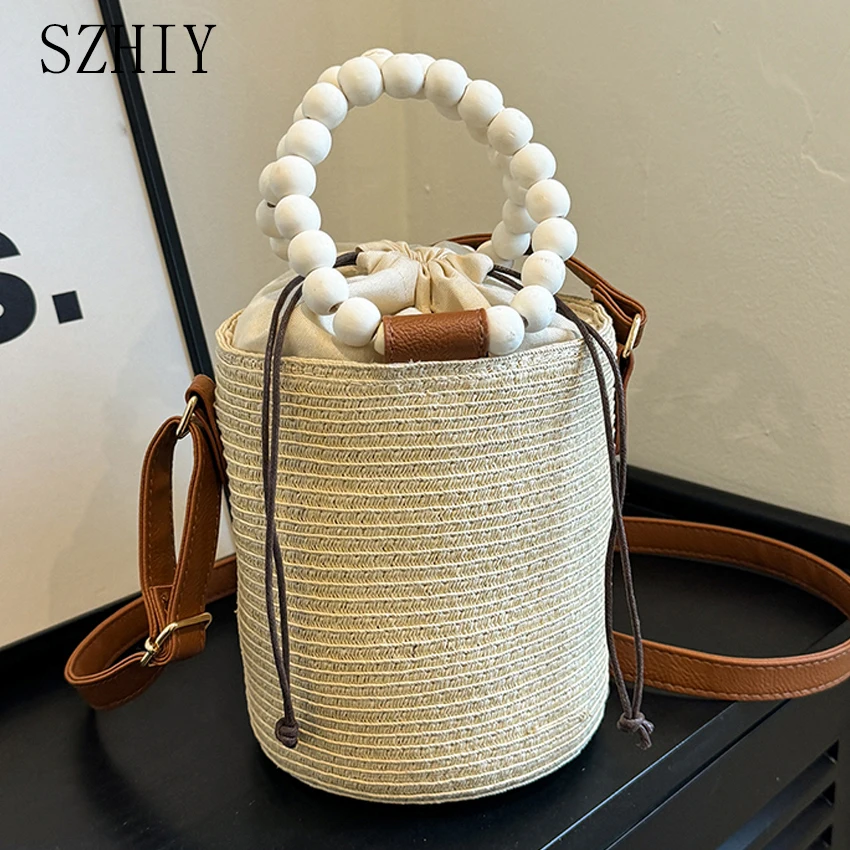 

Grass Woven Bucket Bag Fashionable Women Small Mobile Phone Pocket Designer New Hand Bead Diagonal Girls Beach Crossbody Purse