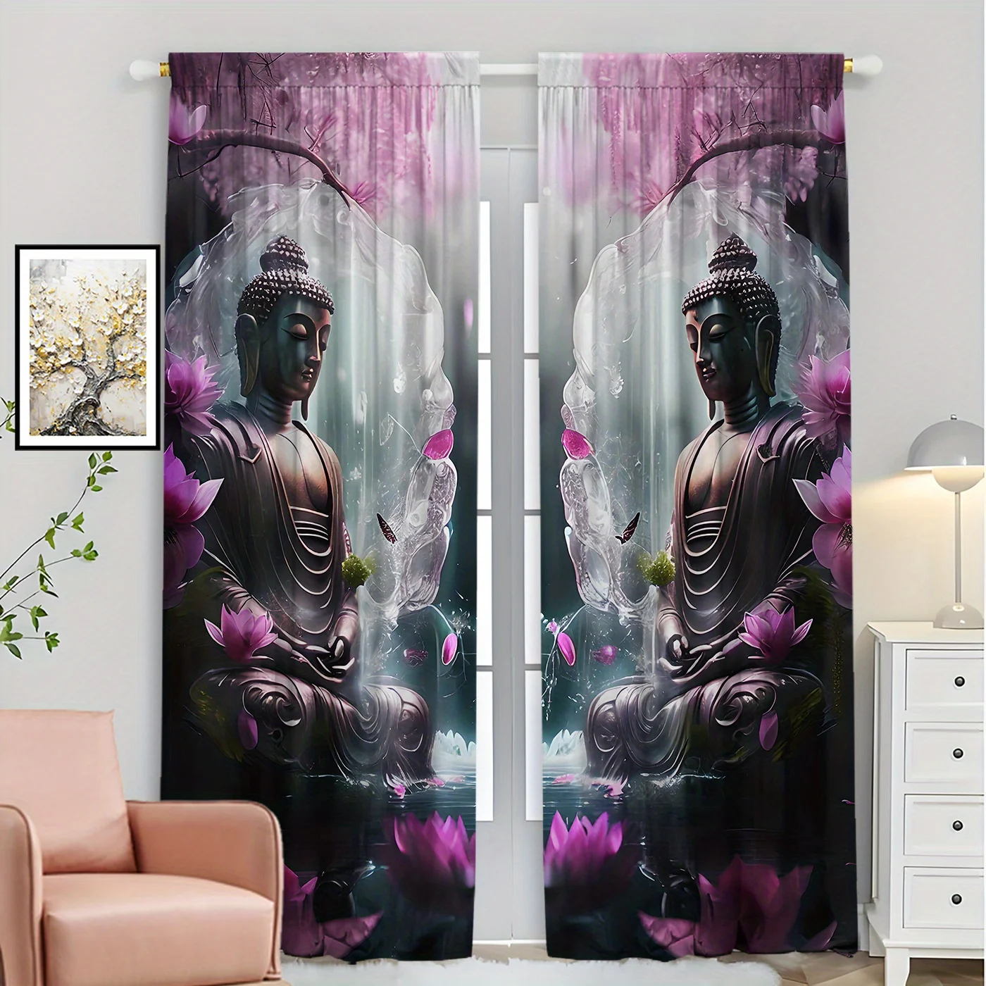 Pair of Spiritual Buddha Meditation Curtains Zen Asian Temple Decor Panels for Living Room Bedroom Window Drapes