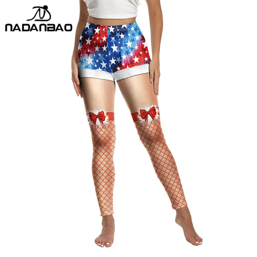 Nadanbao Patriotic Leggings for Women American Flag Digital Print Leggings High Waist Gym Workout Trousers for Yoga Sexy Tights