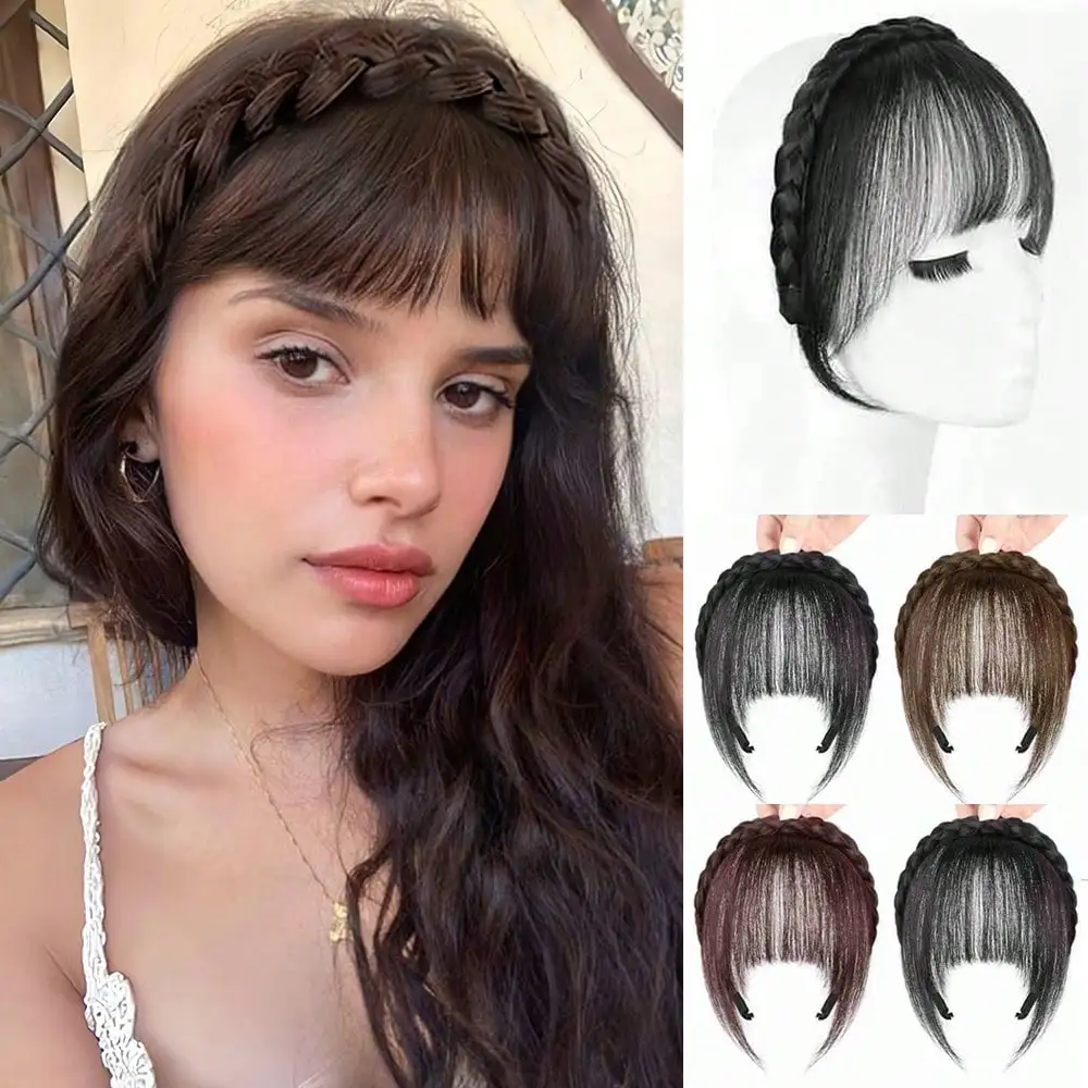 Synthetic Headband Bangs Extension Fake Hair Blunt Fringe with Long Sides For Women Natural Flase Black Brown Blonde Bang