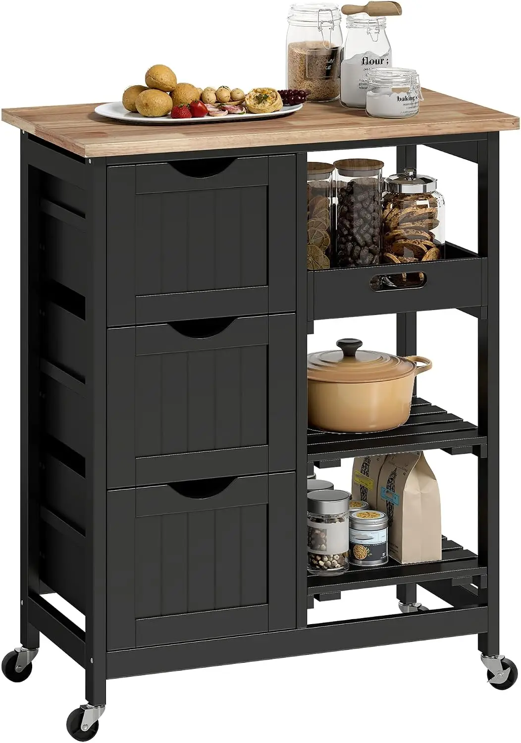Rolling Kitchen Island Cart with Wood Top, Shelves & Drawers, Black | Bar Serving Cart, Compact Trolley on Wheels, for Home Dini
