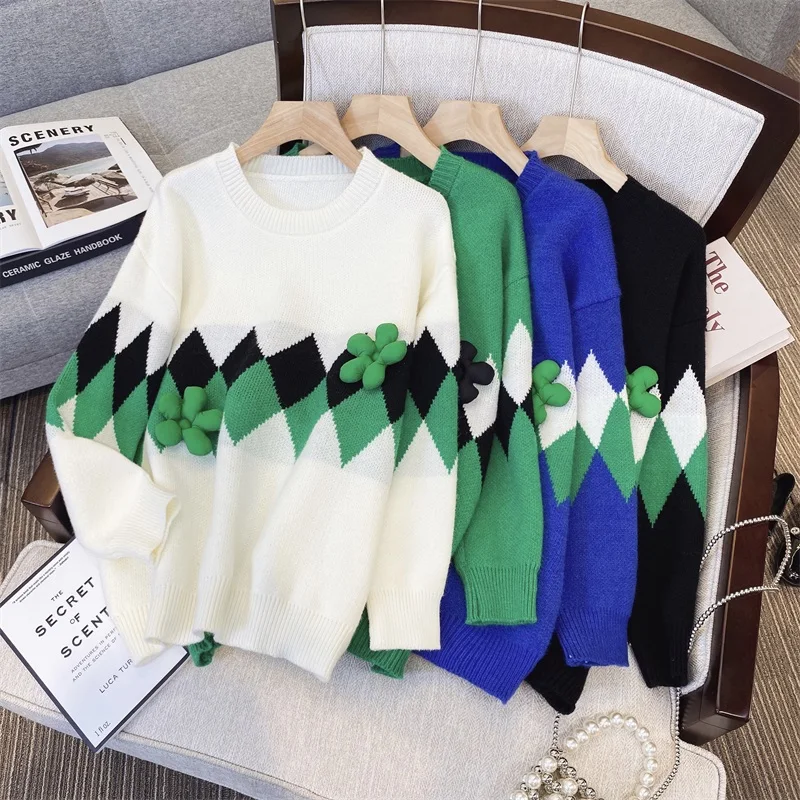 Women Autumn Winter New Crew-neck Vintage Gradient Harajuku Knitwear Jumper Baggy Long Sleeve Thick Knitted Pullover Sweater