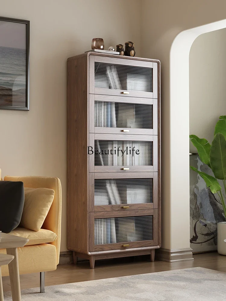 

LDust-Proof Bookcase Glass Door Solid Wood Bookshelf and Storage Shelf with Door Floor Nordic Simple Clothes Closet