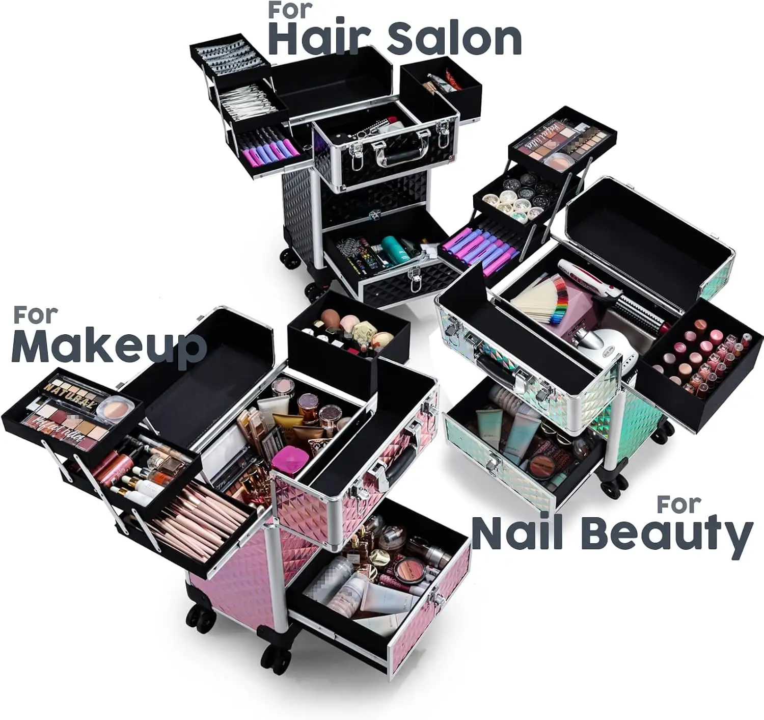 Rolling Makeup Case Cosmetic Travel Trolley Storage Sliding Drawer 4 Tray Makeup Travel Case with Wheels Salon Barber Case