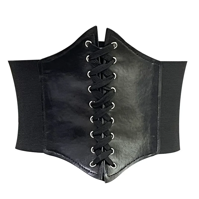 Women Black Tied Waspie Belt Lace-up Cinch Belt Corset Elastic Waist Belt Pu Leather Elastic Sexy Bridal Corsets and Bustiers