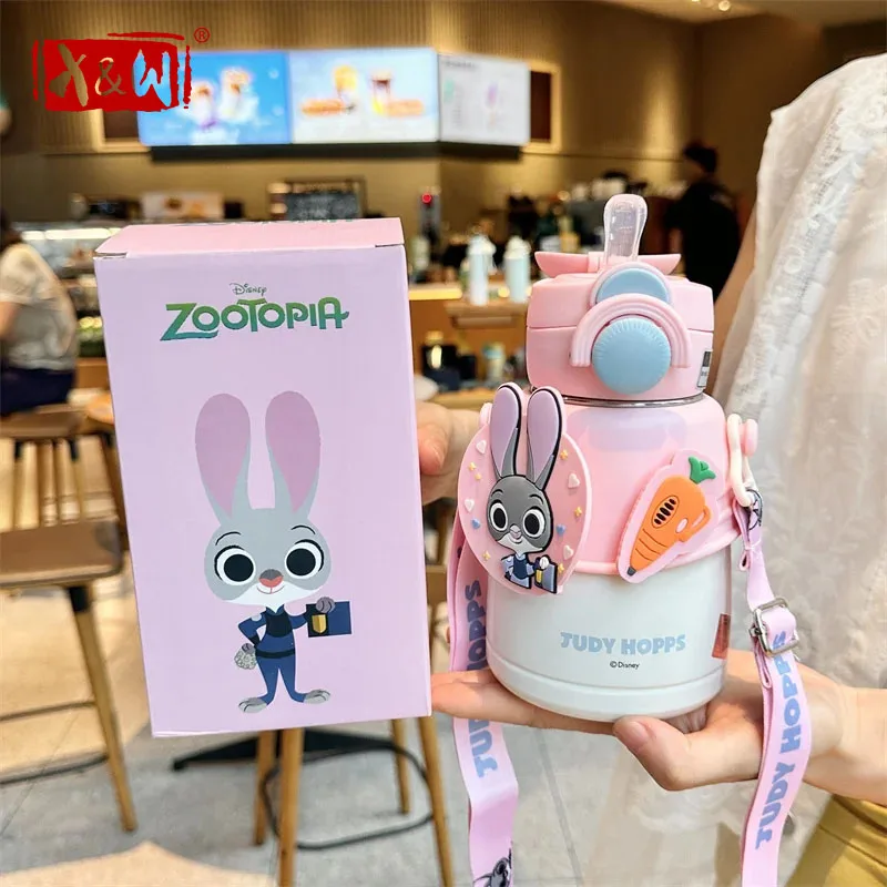 X&W Disney 600ML Insulated Cup Nick Judy Stainless Steel Belly Cup Cartoon Anime Straw Cup Ice King Cup Children's Student Gift
