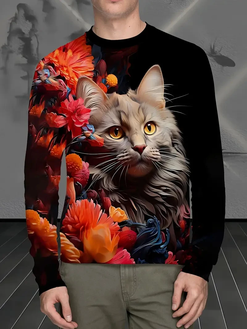 Spring And Autumn 3d Printed Cute Cat Long Sleeve T Shirt For Men Casual Clothing Animal Pattern Top Tees Tshirt Kids Streetwear