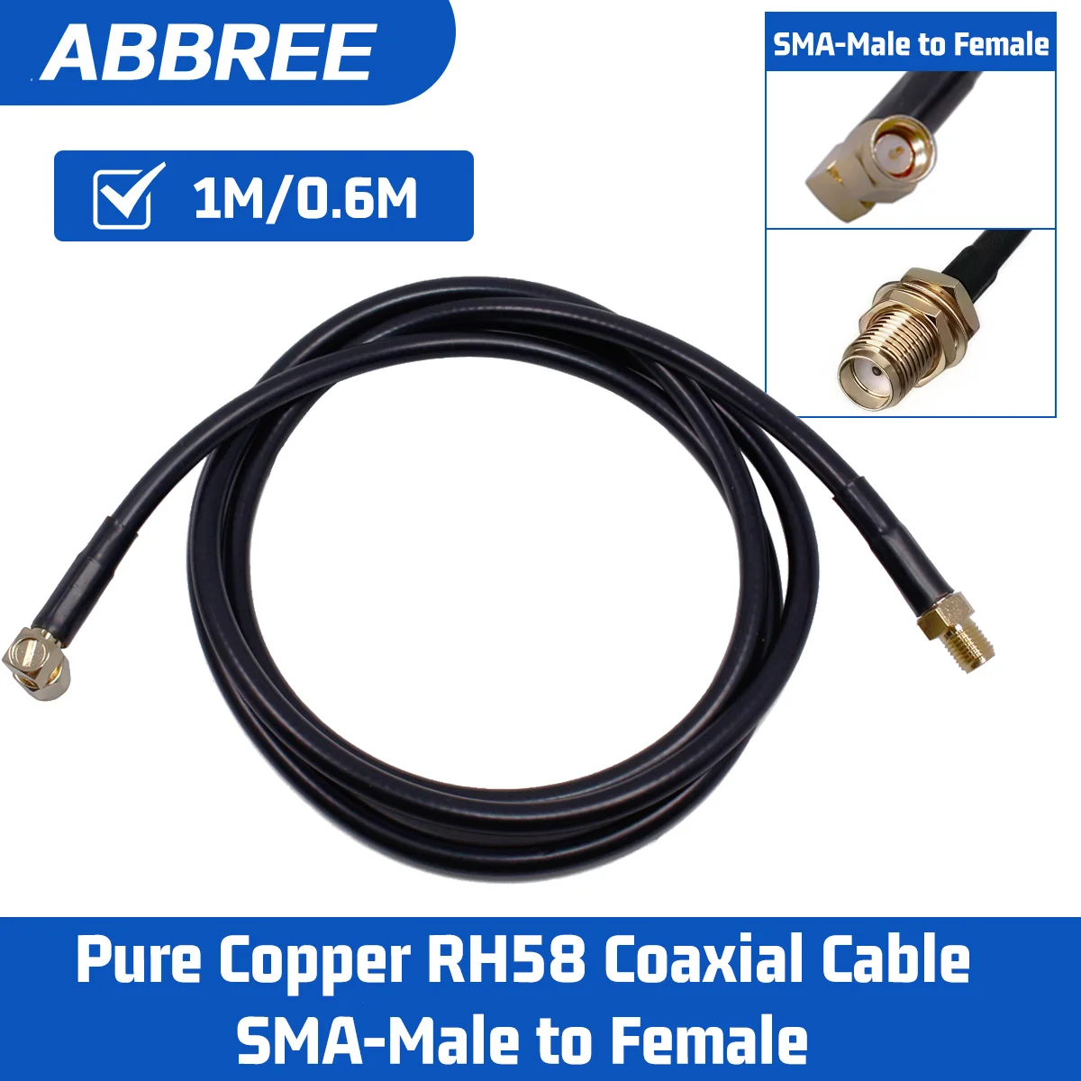 

Коаксиальный кабель ABBREE RH58, 0.6м/1м, SMA Male-Female, чистая медь, 50 Ом, с низкими потерями, для раций Baofeng UV-5R UV21 и Wi-Fi антенн