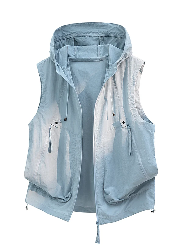Lightweight Breathable Outdoor Sports Vest Unisex Hooded Multi-Pocket Cool Feeling Summer Casual Style Nylon Fiber Long Zipper