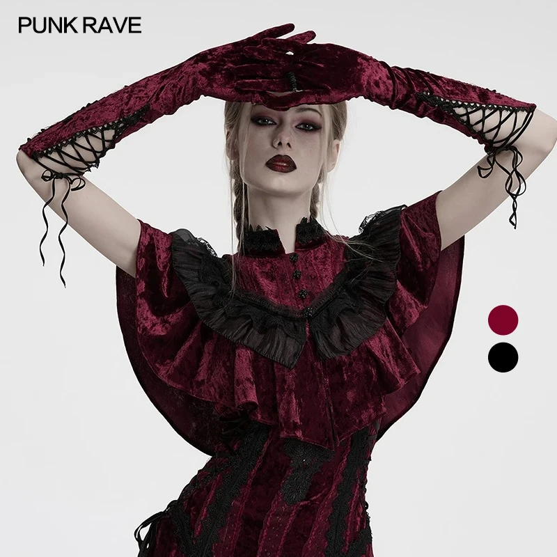 PUNK RAVE Women's Goth Retro Embroidered Velvet Gloves Exquisite Bright Silk Webbings Romantic Mysterious Warmers Accessories