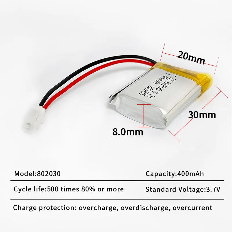 Lipo 802030   Batería de polímero 3,7 V 400mAh li-po baterías de litio recargables para luces LED instrumentos de belleza juguetes celda de iones de