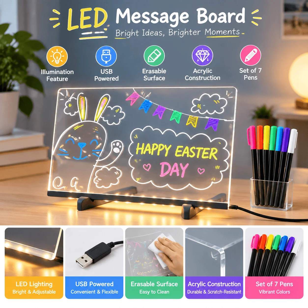 Illuminated Acrylic Message Board with 7 Pens, LED Writing and Drawing Sign, Erasable Reusable Table Light Board for Menu Display, Notes and Messages, Suitable for Bedroom Home Bar Cafe Shop Counter Decoration and Daily Creative Writing Use