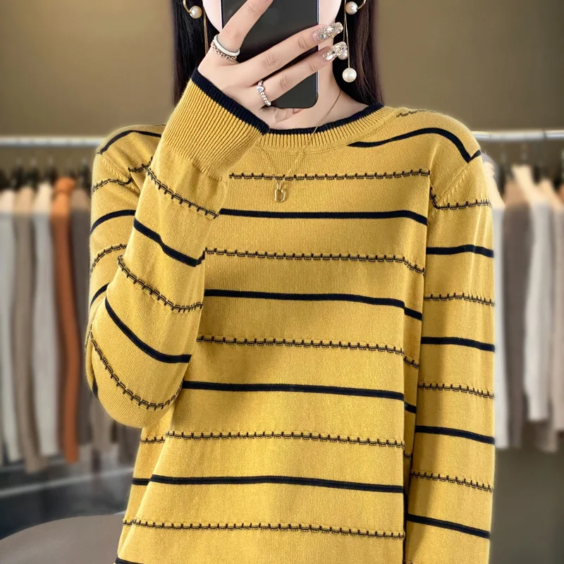 

Autumn and Winter New Women's O-neck Stripe Pullover 100% Cotton Fashion Knitted Sweater Loose Hot Selling Women's Top