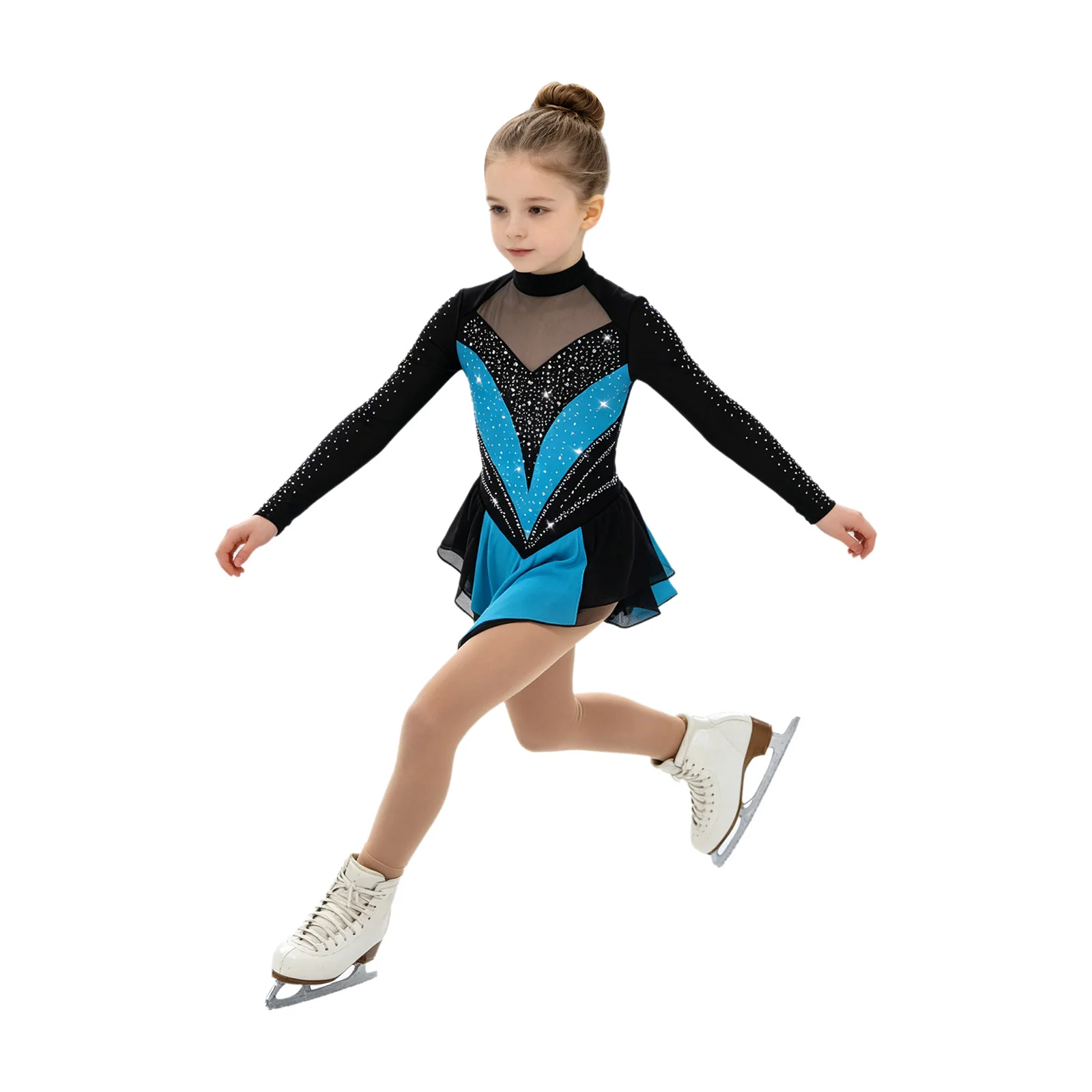 Girls Figure Skating Rhythmic Gymnastics Costume Rhinestone Long Sleeve Mesh Ballet Dance Dress Leotard for Stage Performance