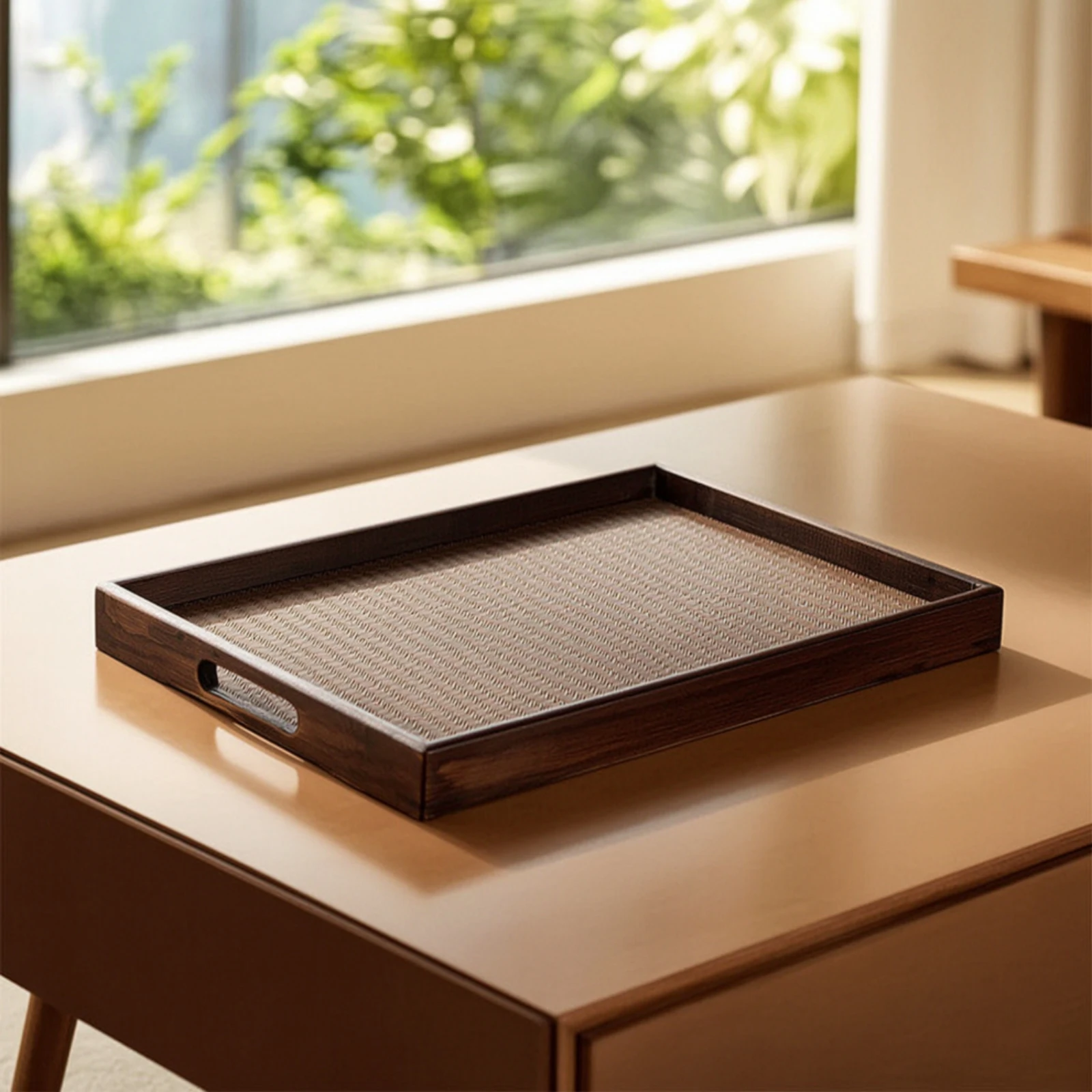 Bamboo Tray with Handles Rustic Serving Tray with Handles Rectangular Easy-Grip for Hosts, Tea Service, Tabletop Display