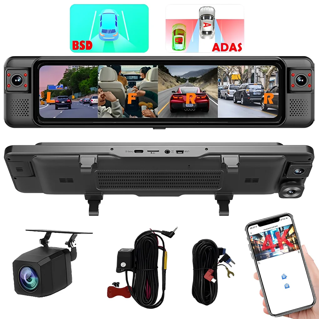 12Inch Touch Car DVR 4 Channel 360° Dash Cam ADAS BSD Rearview Mirror Camera WIFI Dash Camera Reversing Image+Parking Monitoring