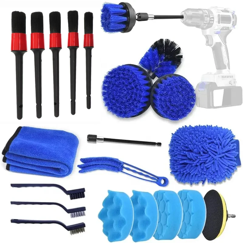 21Pcs Car Cleaning Tool Kit Attachment Brushes Set Drill Detailing Brush Buffing Sponge Pads for Auto Wheel Interior Washing