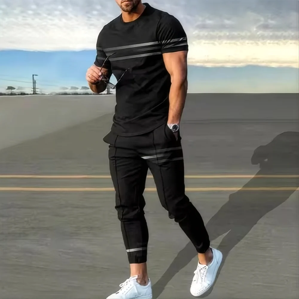 Summer men\'s sportswear set short sleeved T-shirt long pants two-piece set men\'s sportswear 3D printed casual trend oversized