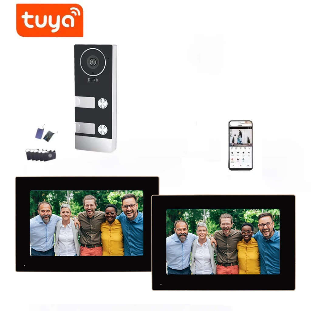 Комплект внутренней связи Tuya AHD для нескольких квартир, 3-семейный видеодомофон, RFID-карта, приложение для разблокировки 10 дюймов, 4-проводная видеодомофонная система