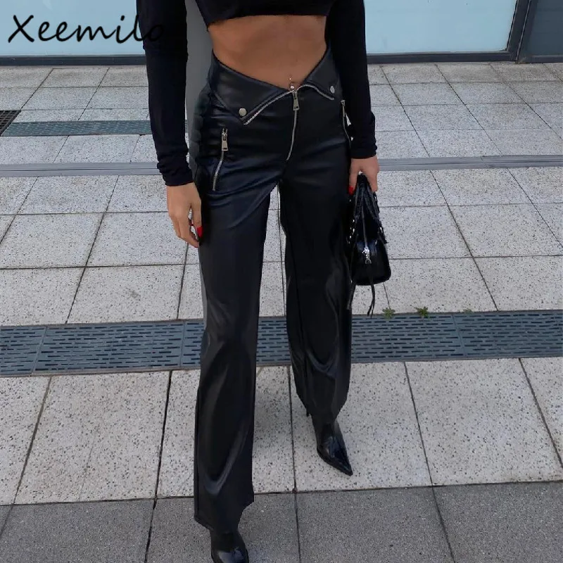 

Xeemilo PU Leather Zipper Slim Pants Y2K Casual Party Streetwear High-waist Straight Leg Pants Gothic Skinny Chic Women Trousers