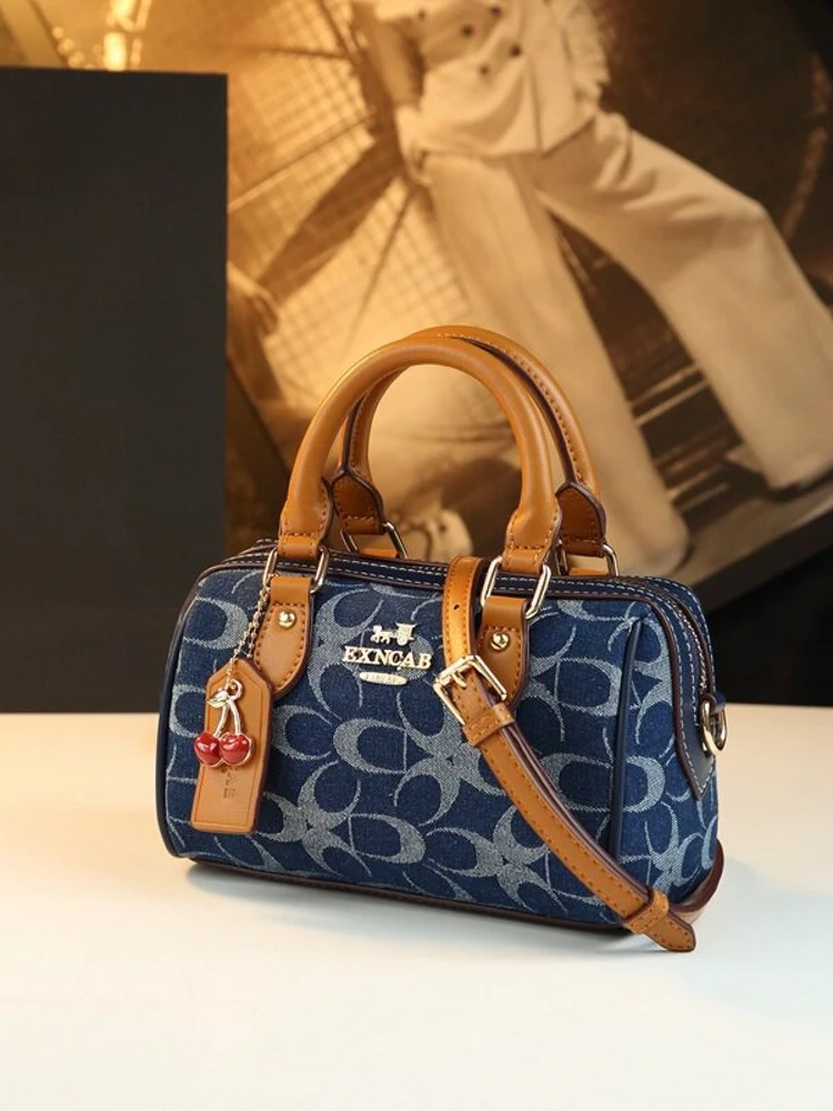 Trendy Denim Boston Bag Women's 2026 New High-End Feel Pillow Handbag Shoulder Crossbody Bag Leather Strap Polyester 