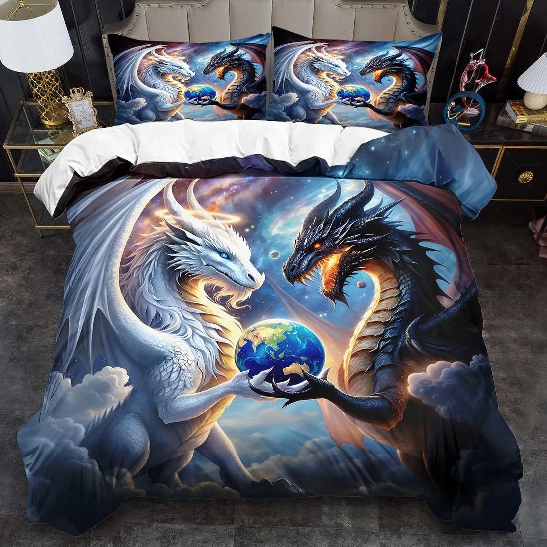 3pcs White & Black Dragons Holding Earth Bedding Set 3D Printed Fantasy Duvet Cover Set with Pillowcases for Bedroom