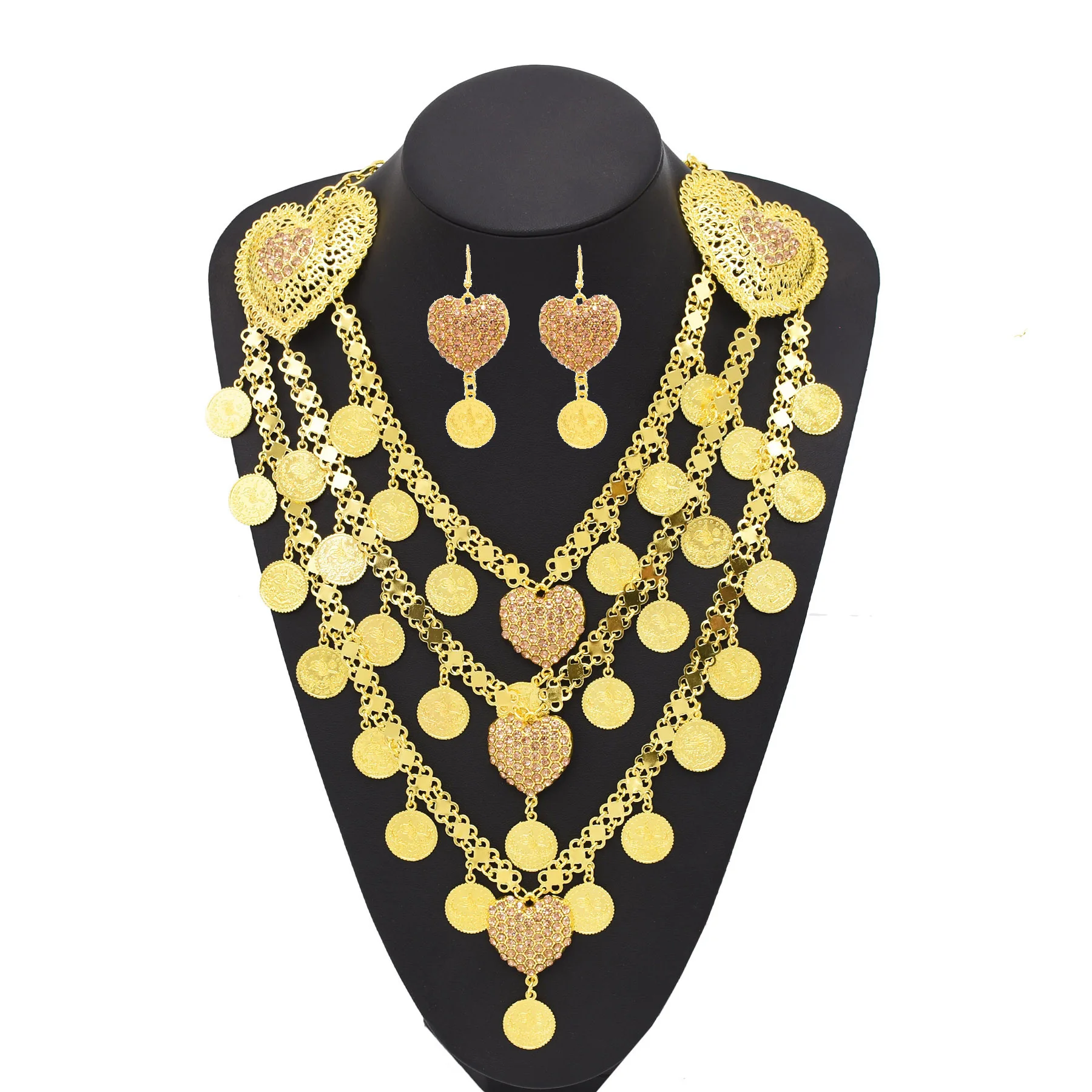 3-Layer Golden Coins Tassel Heart Hollow Crystal Flower Pendant Necklace Earrings for Arab Indian Bridal Wedding Jewelry Set