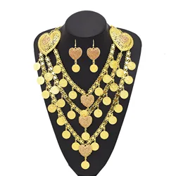 3-Layer Golden Coins Tassel Heart Hollow Crystal Flower Pendant Necklace Earrings for Arab Indian Bridal Wedding Jewelry Set