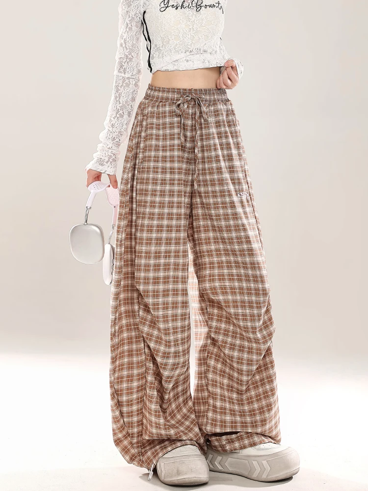 

American Retro Plaid Wide Leg Pants Women Summer 2026 Loose Design Sensation Casual Floor-Length Pants