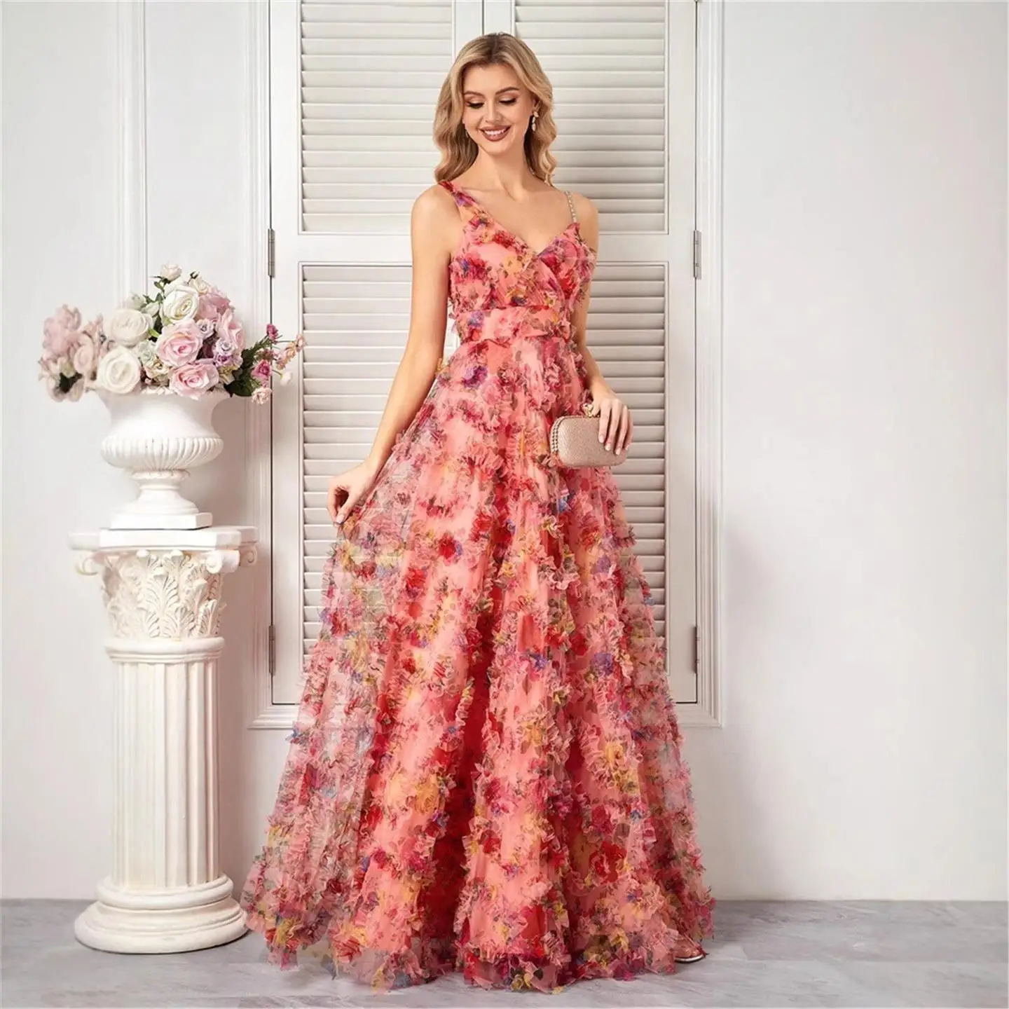 Long Floral Lace Evening Dr Slim Fit Chiffon Maxi Par Dr Tee Quarter Sve V Ne Gown for Women's Gathering